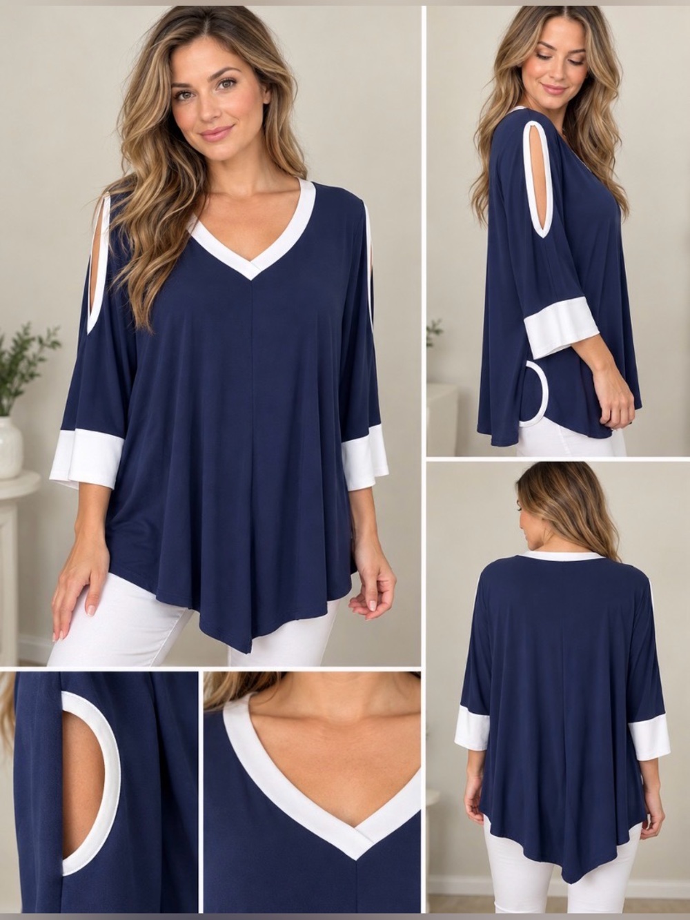 Navy Blue & White Cold Shoulder V-Neck Flowy Tunic Top